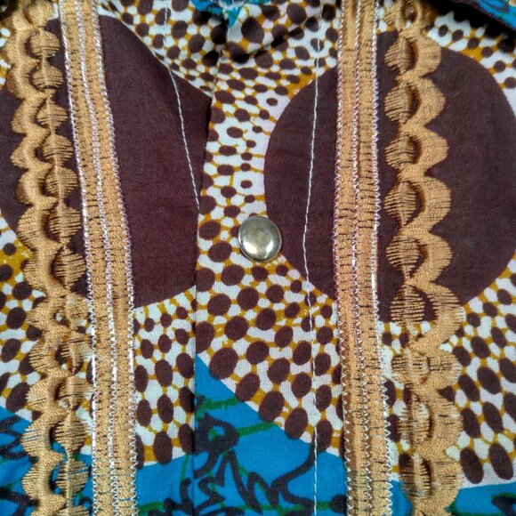 Handmade African Print Shirt Men XL Blue Tribal Mandala Fruit Snap Embroidered - Picture 8 of 16